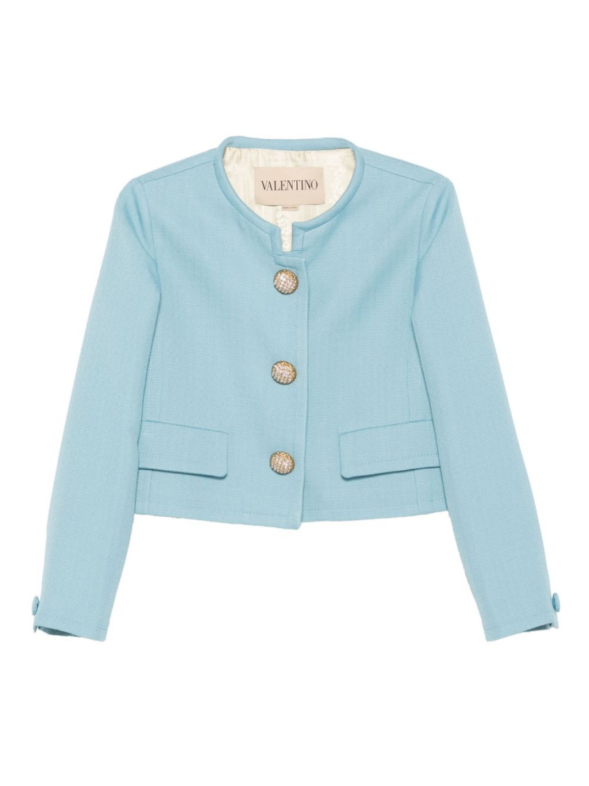 Valentino Womens Bluish Grey Embellished-button Round-neck Woven Jacket In Blue