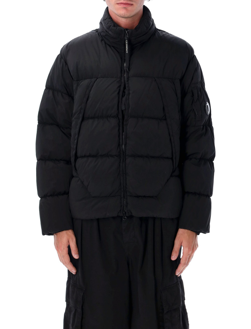 C.p. Company Quilted Down Jacket With High Collar And Logo Patch In Black