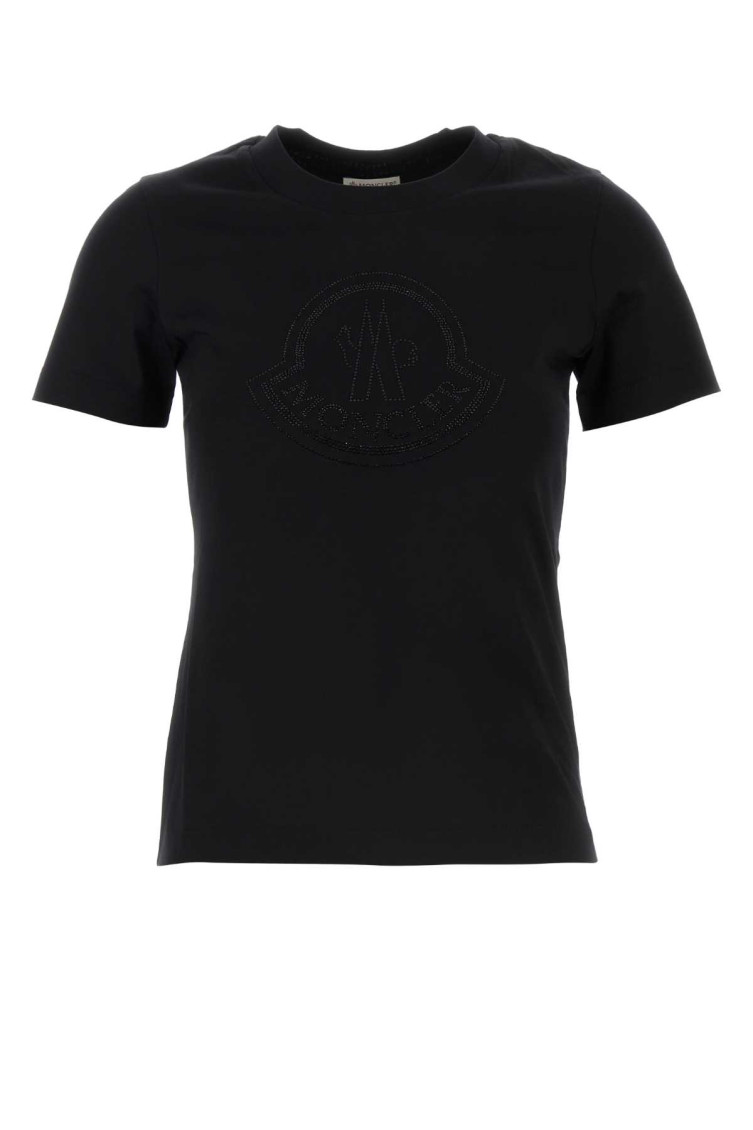 Moncler Women Black T-shirt With Rhinestone Logo In Cotton Woman In Black
