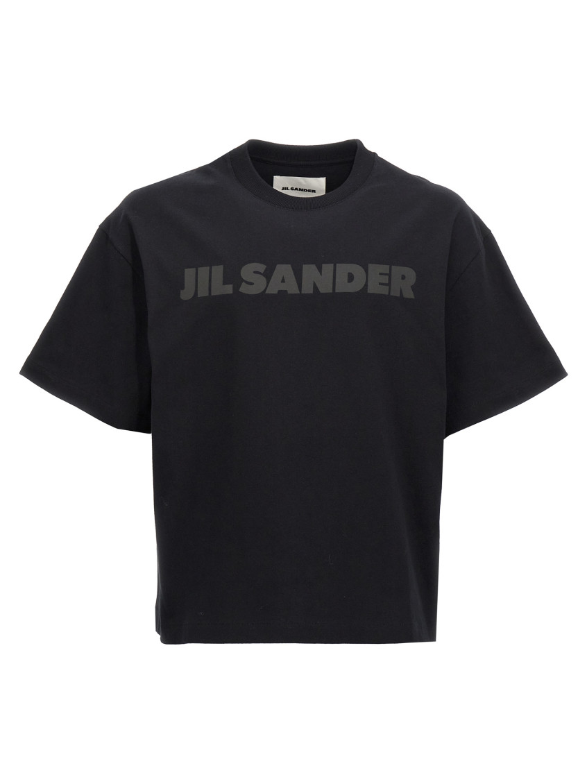 Jil Sander Round Neck Black Cotton T-shirt With Tonal Logo Print In Black