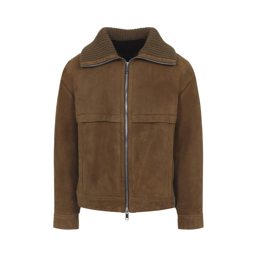 Yves Salomon Rich Brown Lamb Leather Casual Jacket With Ribbed Knit Collar In Brown