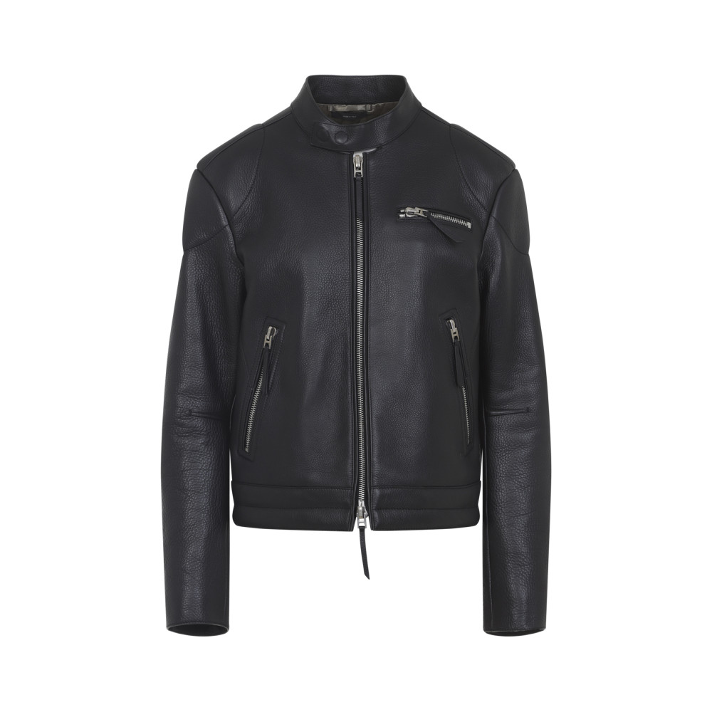 Tom Ford Fitted Black Leather Jacket With Stand Collar And Zippered Cuffs In Black