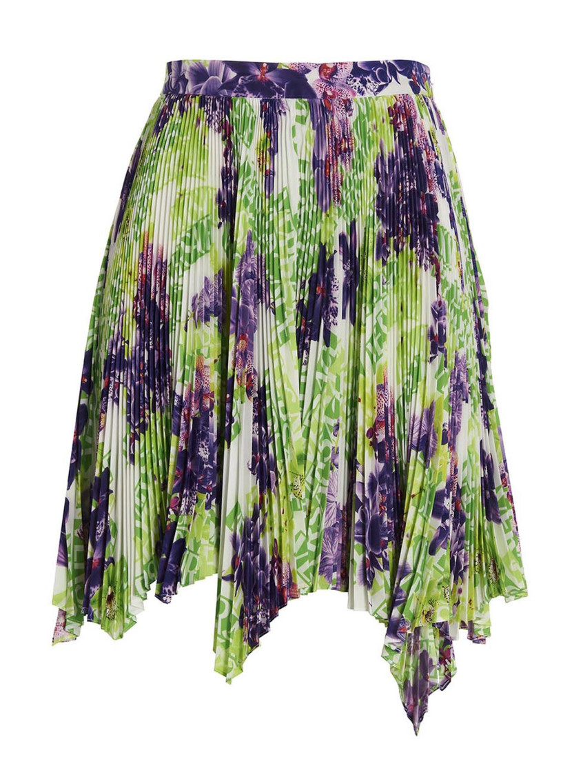 Versace Logo Orchid-print Pleated Asymmetric Skirt In Multicolor