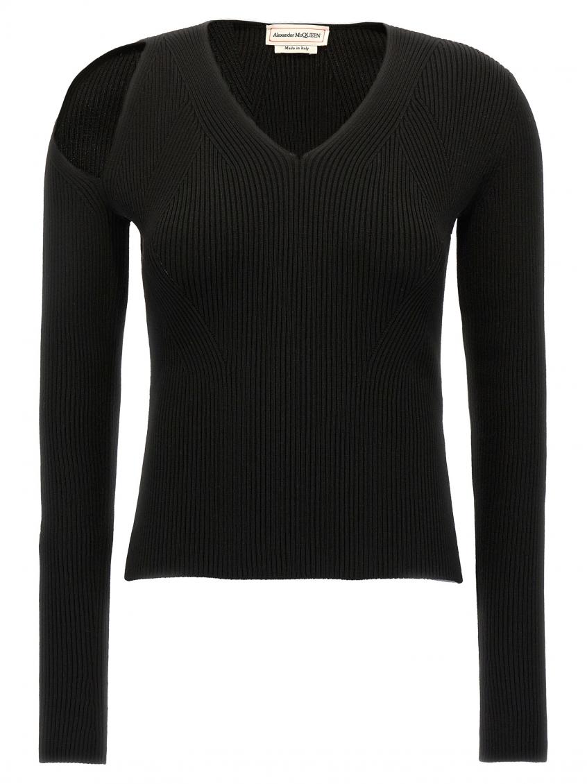 Alexander Mcqueen Cutout Ribbed Wool-blend Sweater In Black