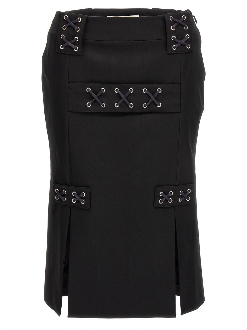 Alessandra Rich Lace-up Skirt With Fitted Silhouette And Slits In Black