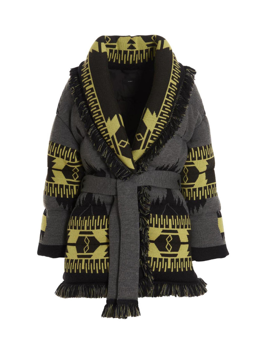 Alanui Icon Belted Fringed Quilted Wool-jacquard Down Jacket In Multicolor