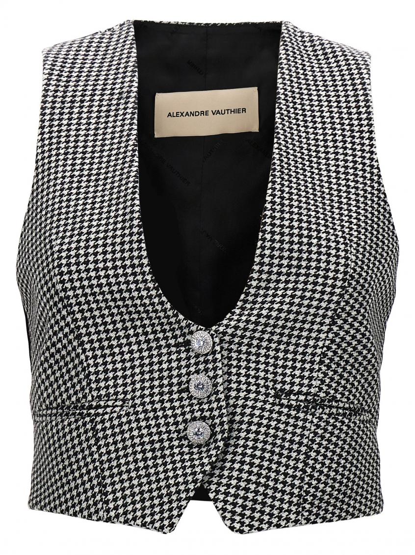 Alexandre Vauthier Houndstooth Pattern V-neck Sleeveless Waistcoat With Adjustable Back Strap In Blackwhite