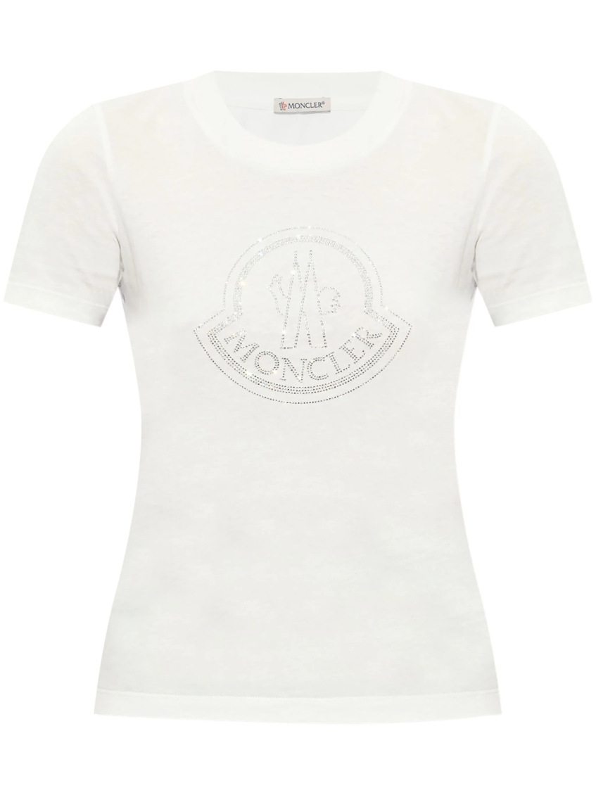 Moncler Women White Cotton Rhinestone Logo T-shirt In Off White