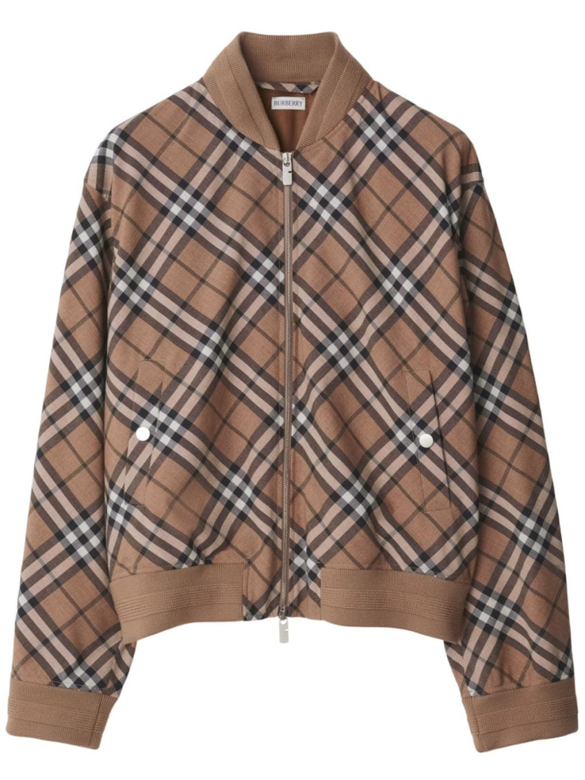 Burberry Check Print Wool Blend Harrington Jacket In Beige