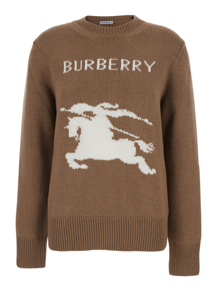 Burberry Women Beige Crewneck Sweater With Maxi Ekd Embroidery On The Front And Logo Lettering In Wo In Brown