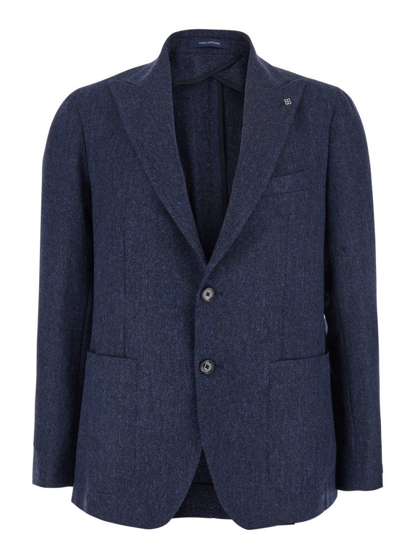Tagliatore Blue Single-breasted Jacket With Peak Lapel In Wool And Cotton Blend Man In Blue