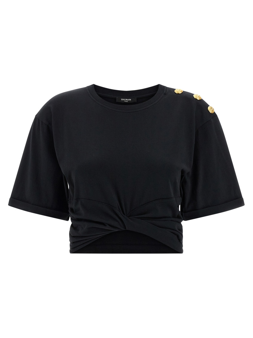 Balmain Knotted Crop T Shirt In Black