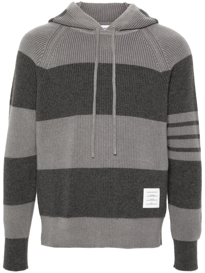 Thom Browne Striped Hooded Knit Sweater Drawstring In Grey