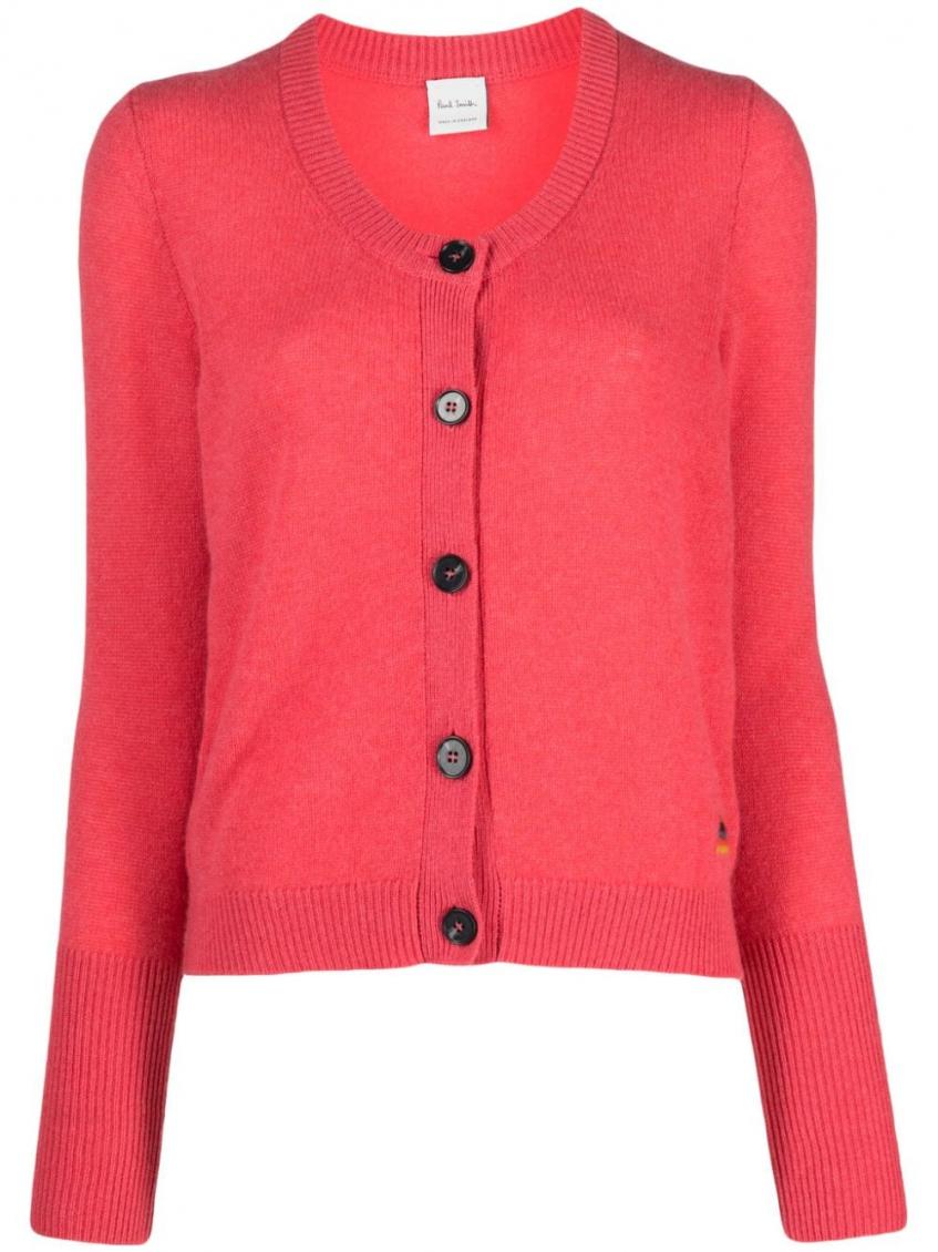 Paul Smith Ribbed Knit Cashmere Cardigan With Round Neck In Pink