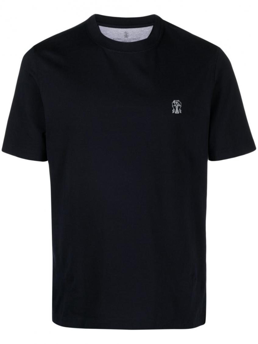 Brunello Cucinelli Cotton Jersey Crew Neck T-shirt With Logo Clothing In Navy Blue
