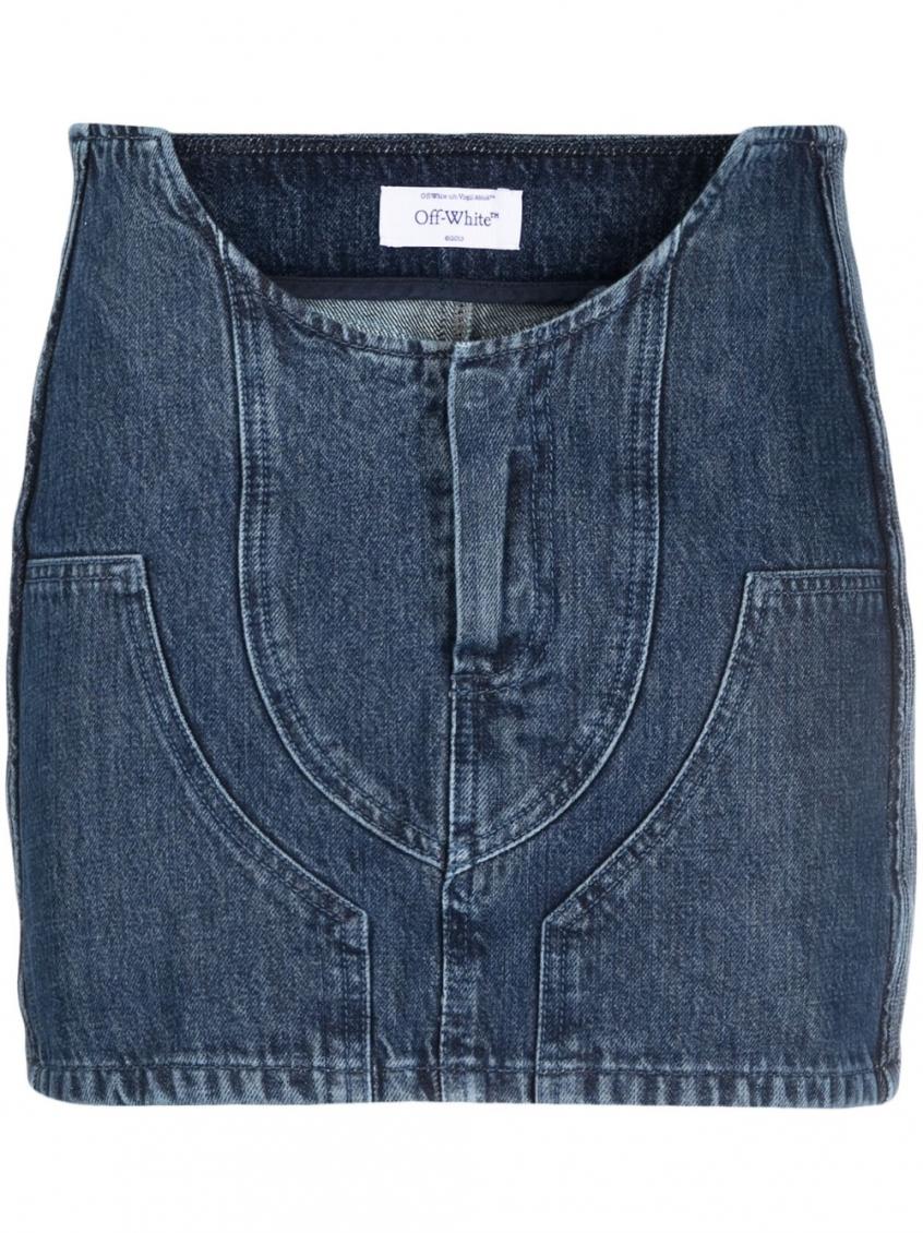 Off-white Low-waist Denim Miniskirt With 3d Detailing In Navy Blue