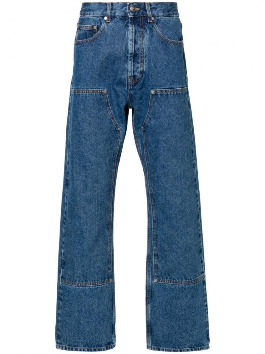 Palm Angels Monogram-embroidered Wide-leg Jeans In Blue