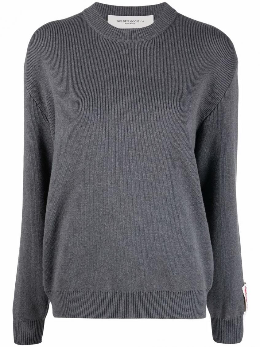Golden Goose Cotton Blend Crewneck Sweater With Ribbed Detailing In Dark Grey