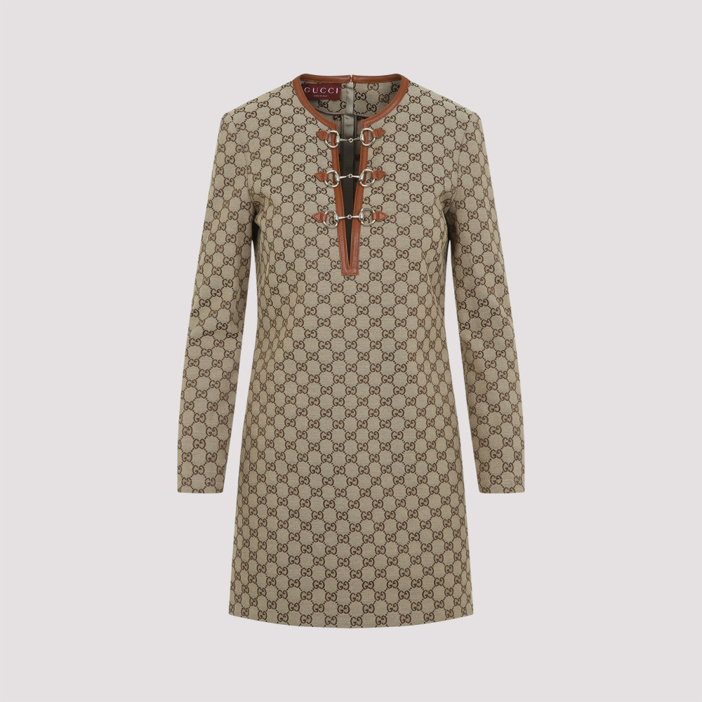 Gucci Beige Crewneck Mini Dress With Horsebit On The Front In Gg Canvas Woman