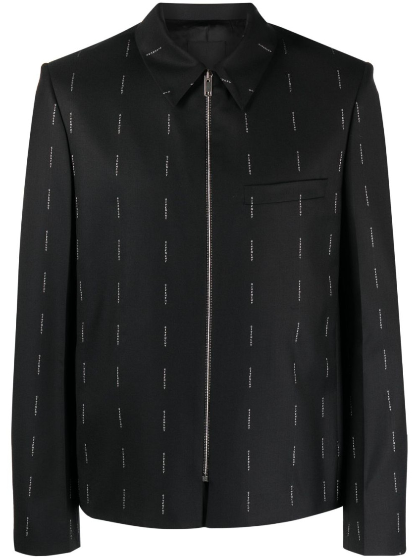 Givenchy Wool Blazer With All-over Logo Print In Black