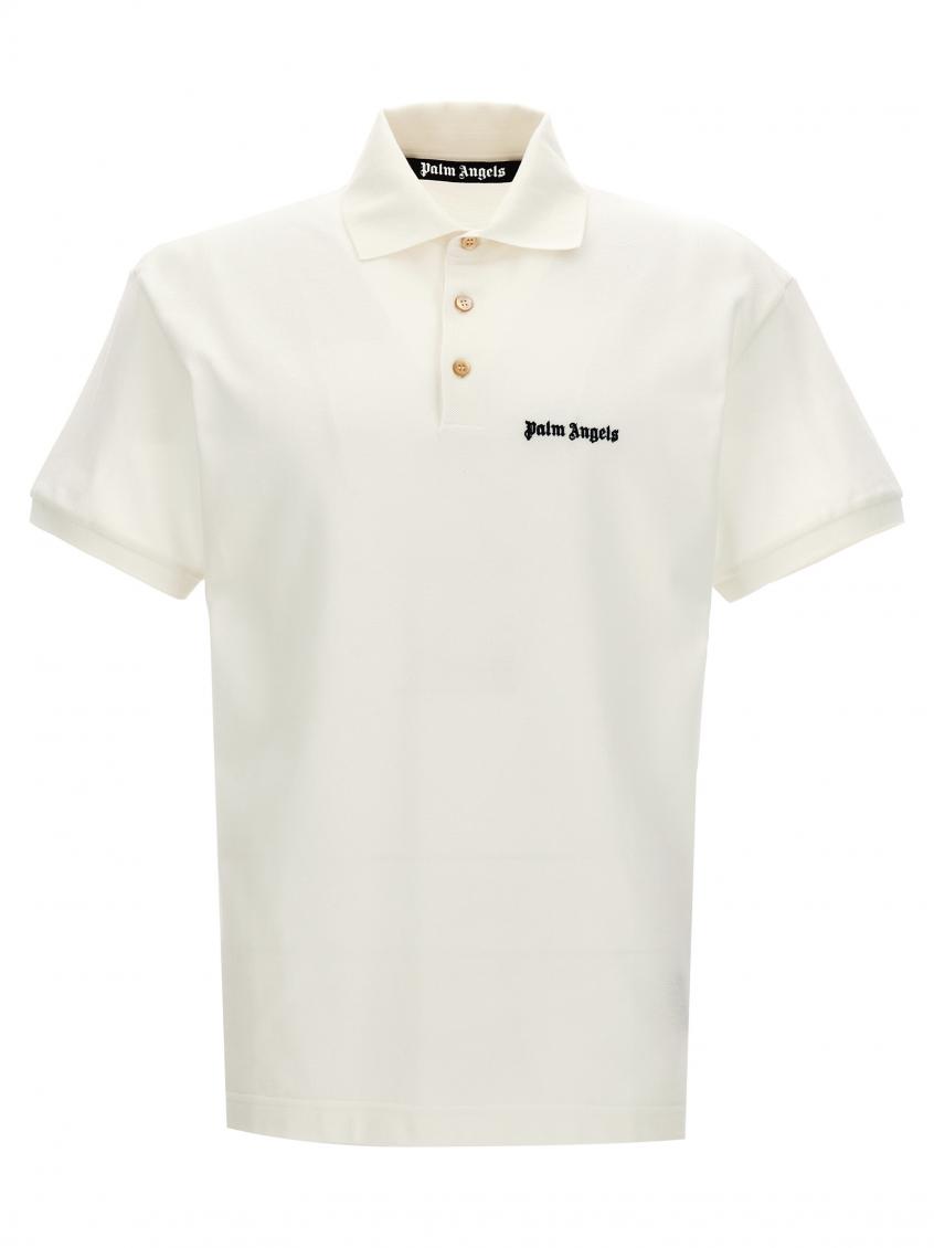 Palm Angels White Polo Shirt With Classic Collar And Logo On The Front In Blackwhite
