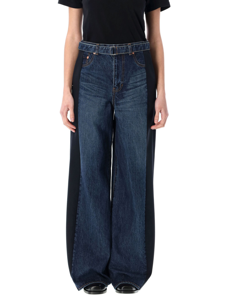 Shop Sacai Navy Blue Wide Leg Jeans