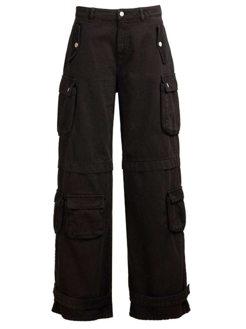 Icon Denim Rosalia Black Low Waisted Cargo Jeans With Patch Pockets In Cotton Denim Woman