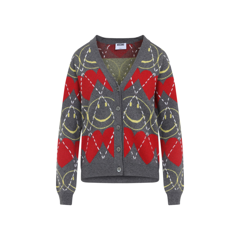 Moschino Jacquard Smile Wool Blend Cardigan In Multi