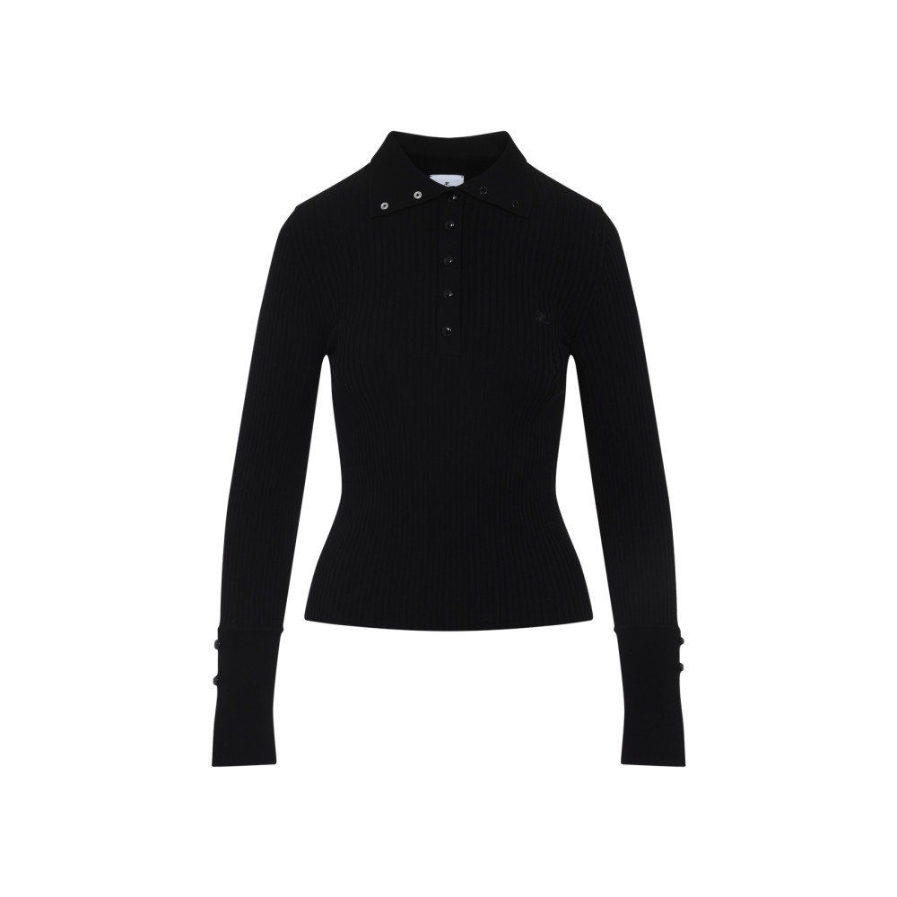 Courrèges Fitted Ribbed Long-sleeve Top With Unique Collar In Black