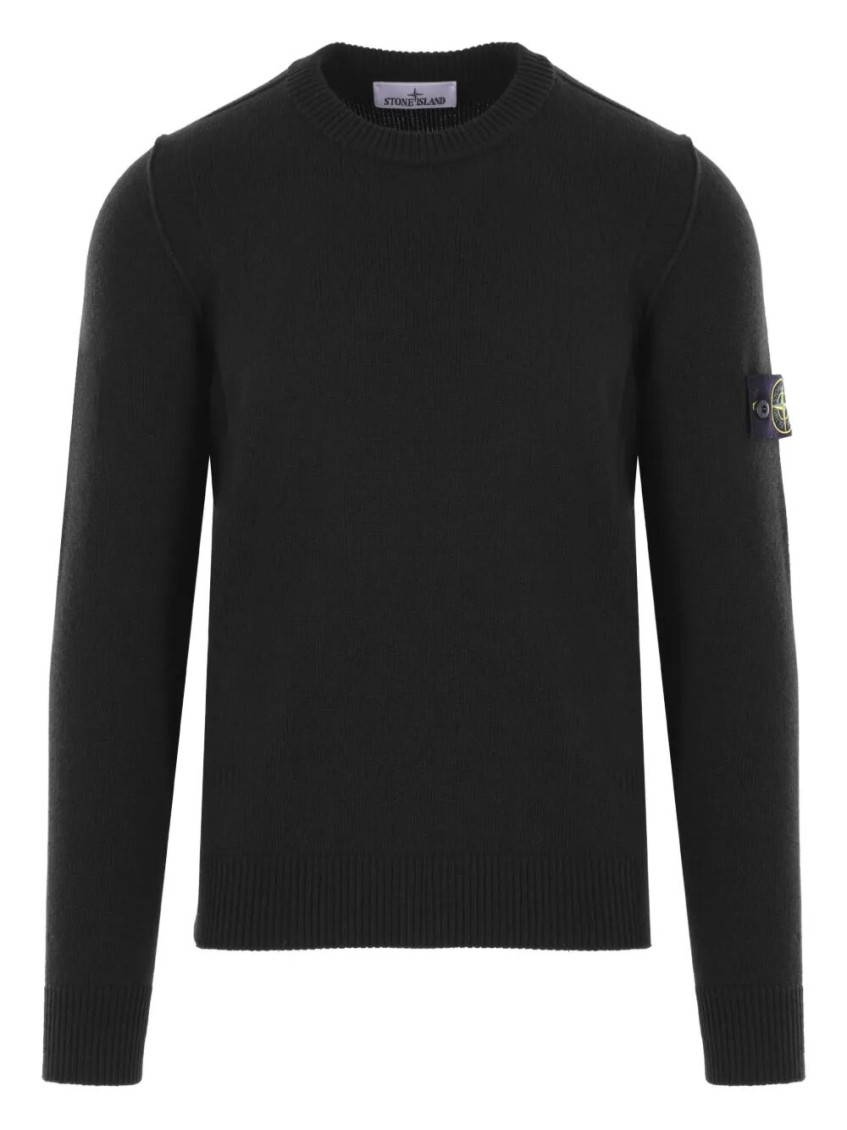 Stone Island Crew Neck Wool Sweater With Reverse Stitch Details In Black