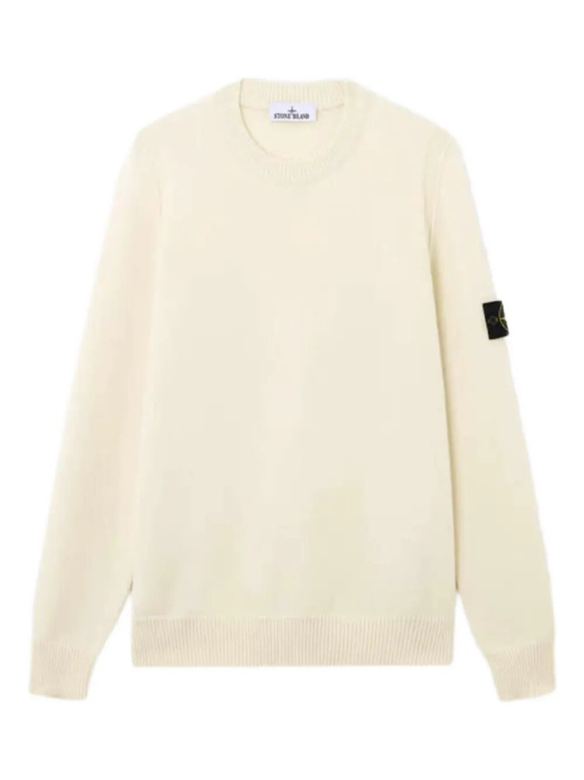 Stone Island Crew Neck Wool Sweater With Reverse Stitch Details In White