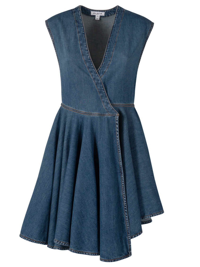 Alaïa Deep Stone Denim Wrap Dress Clothing In Blue