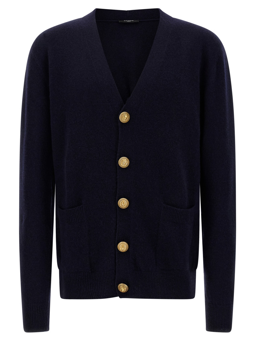 Balmain V-neck Blazer With Ribbed Cuffs And Hem In Blue