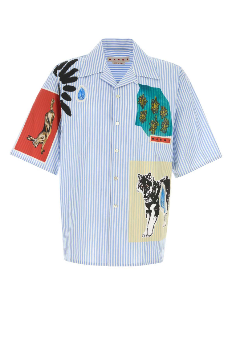 Marni Striped Short Sleeve Shirt With Graphic Patches In Blue