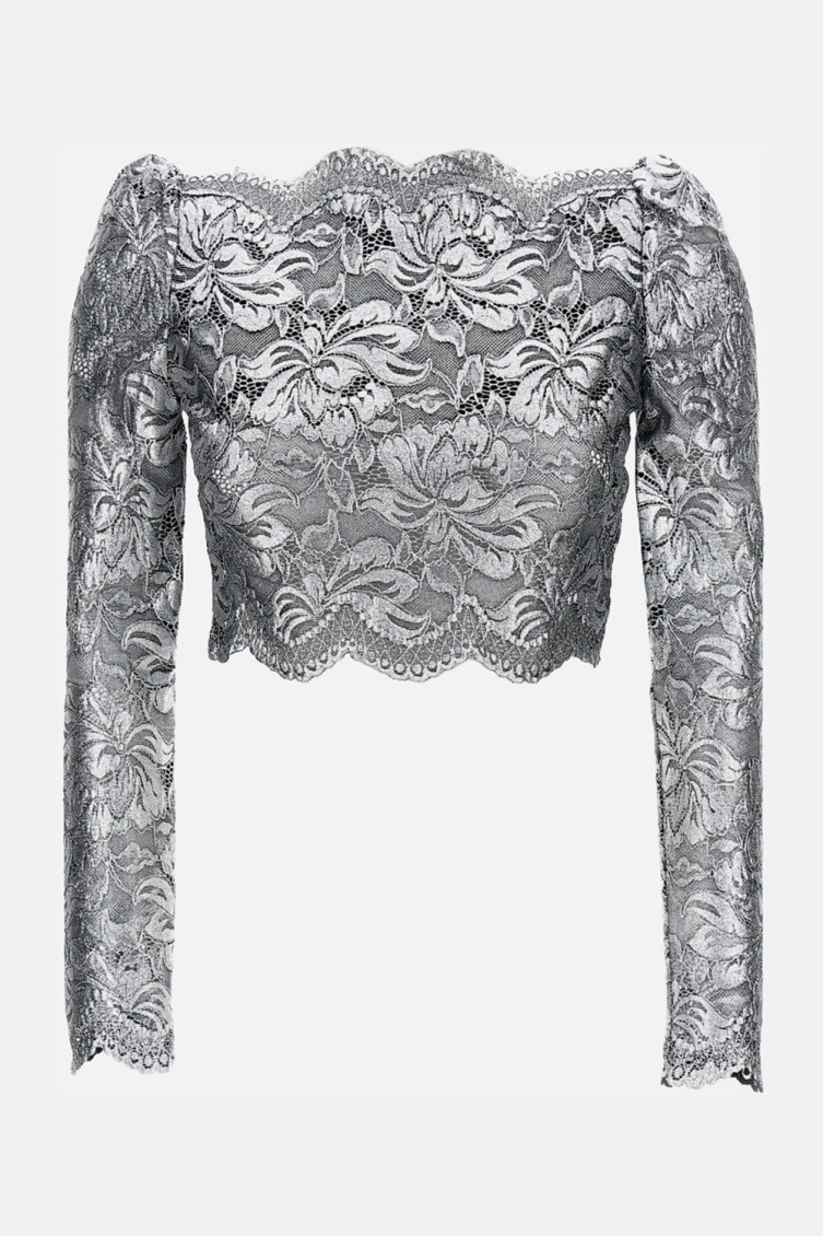 Rabanne Cropped Lace Top In Black Silver In Gray