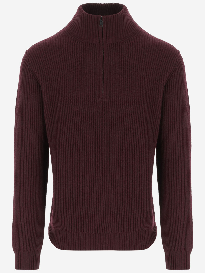 Woolrich Bordeaux Wool Blend Sweater With Front Zipper And Rib Knitting In Burgundy