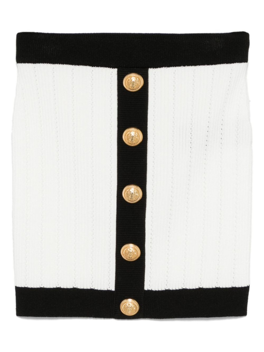 Balmain Button-embellished Two-tone Ribbed-knit Mini Skirt In White