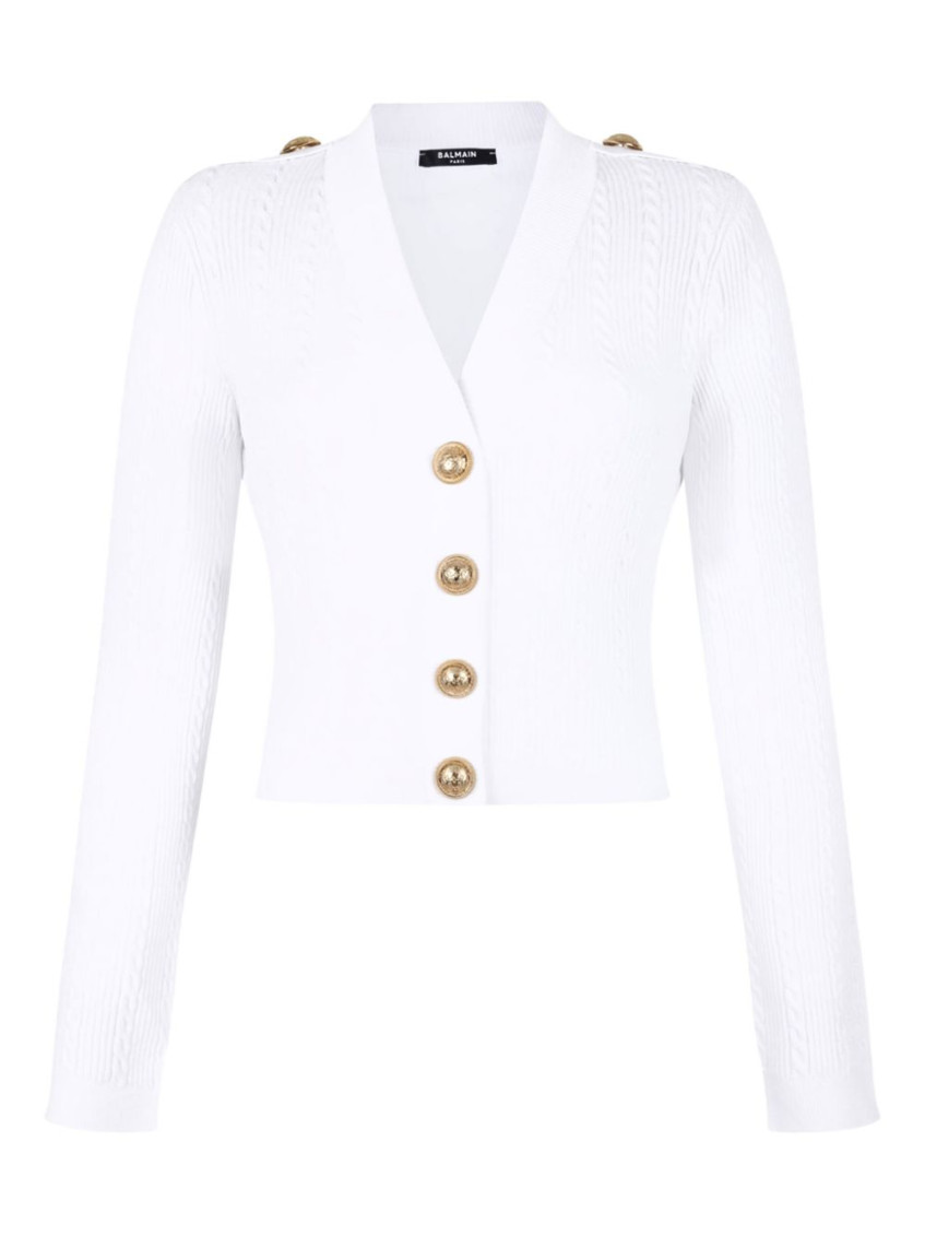 Balmain V-neck Cable Knit Cardigan With Gold-tone Buttons In White
