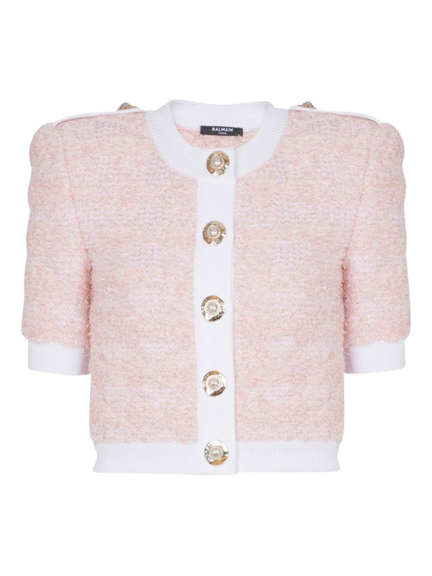 Balmain Cropped Textured Cardigan With Decorative Button Detail In Pink