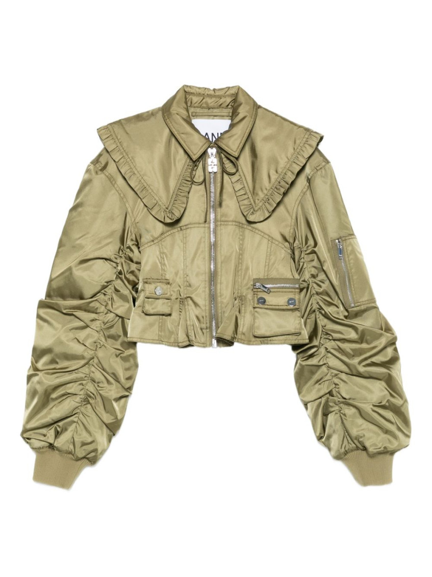 Ganni Short Nylon Bomber Jacket In Green