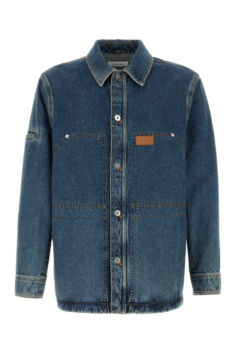 Ferragamo Pocketed Denim Jacket With Stitching And Sleeves In Blue