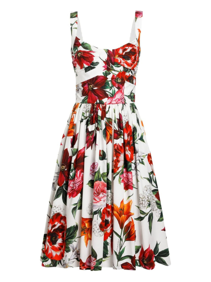 Dolce & Gabbana White Anemoni Print Cotton Midi Dress In Yellow
