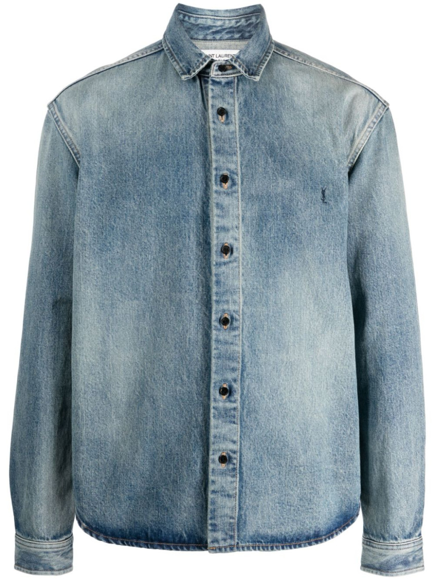 Saint Laurent Trouville Logo-embroidered Denim Shirt In Blue