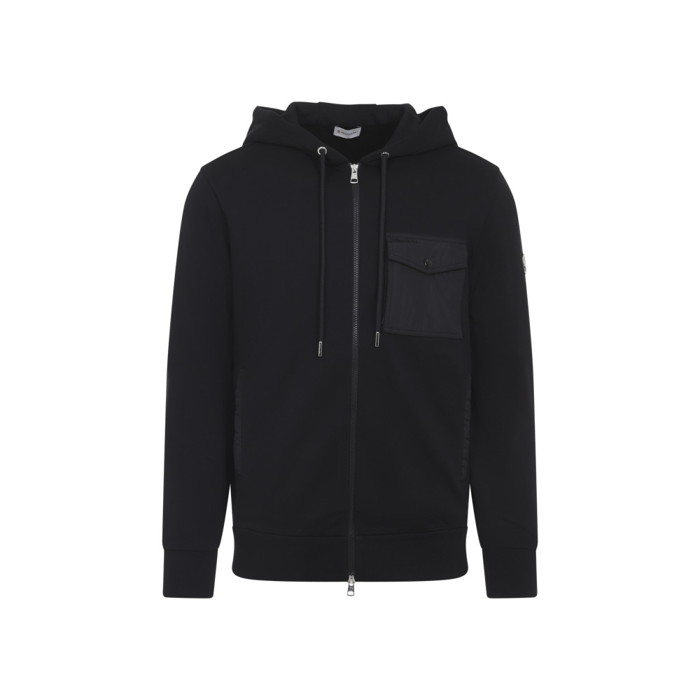 Moncler Hooded Drawstring Cardigan Chest Pocket In Black