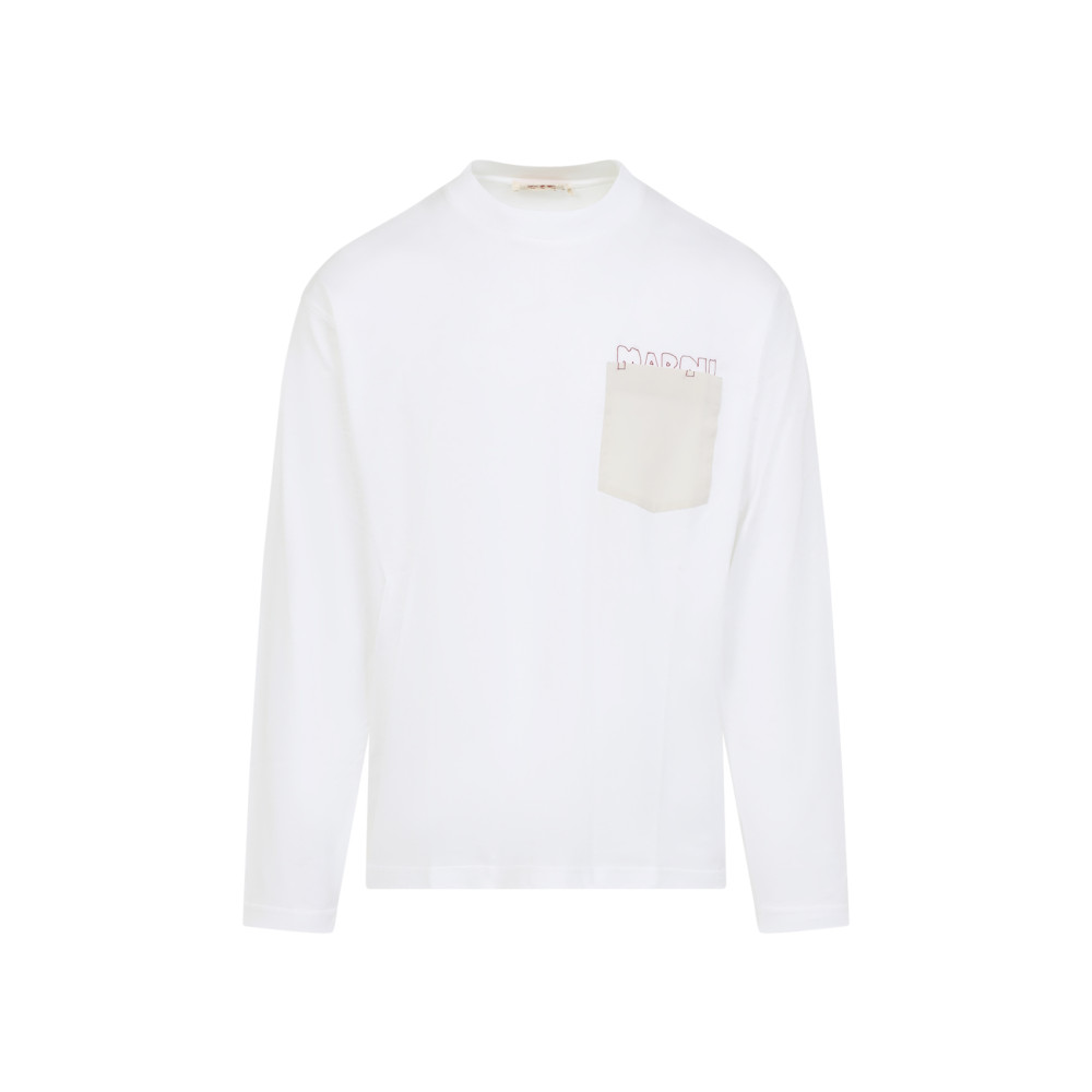 Marni Long-sleeved White Cotton T-shirt With Contrast Chest Pocket In White