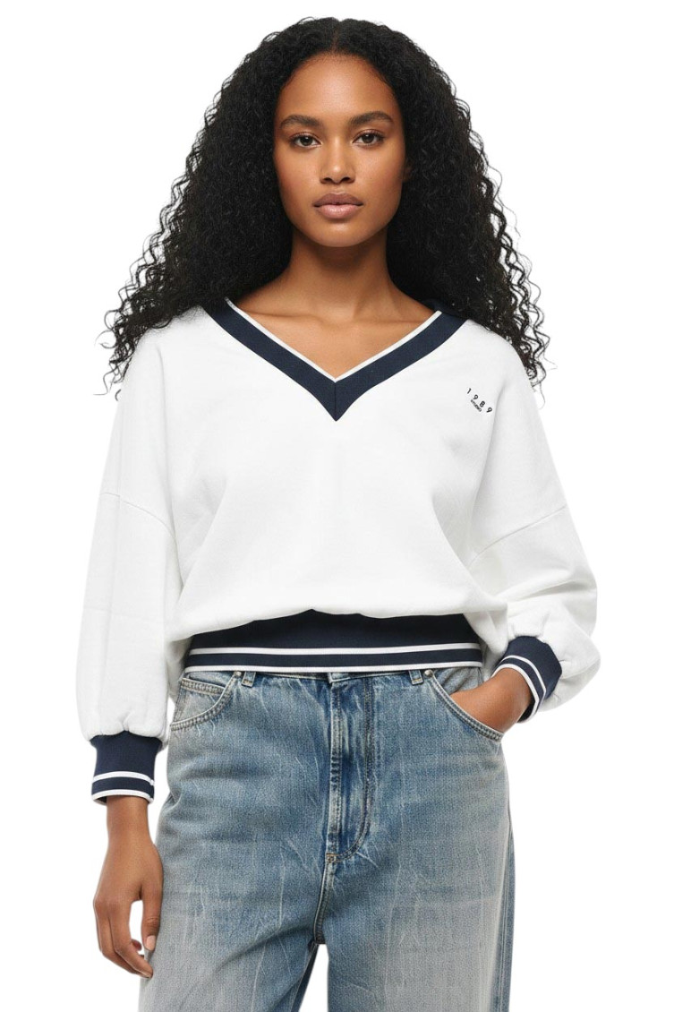 1989 Studio Women White Color Block V Neck Sweatshirt