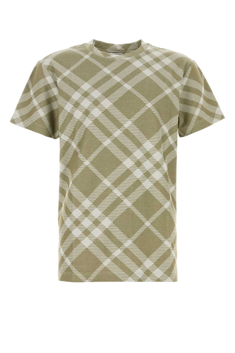 Burberry Check Stretch Cotton Blend T-shirt In Olive