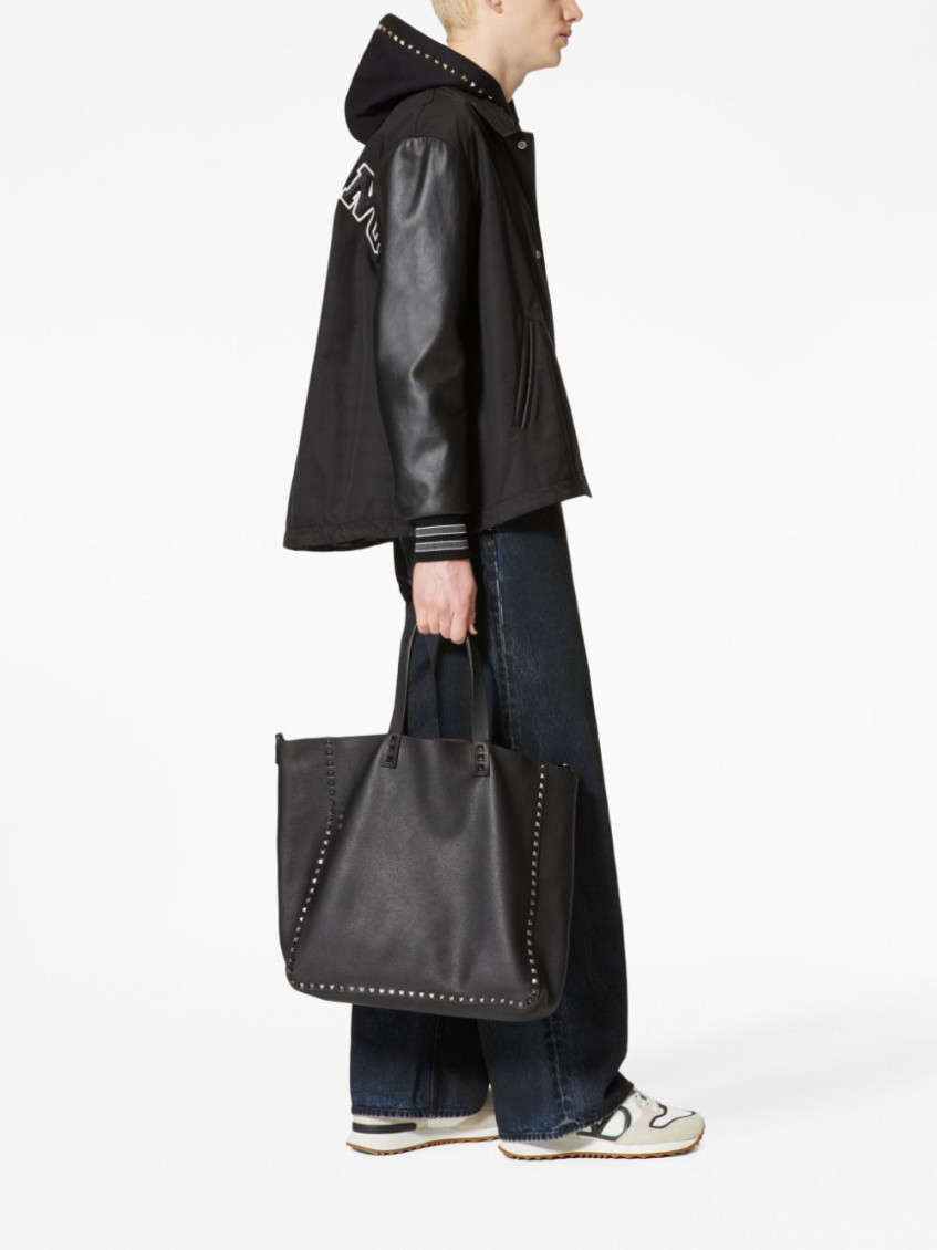 Valentino Garavani Black Leather Sleeves Nylon Bomber Jacket for