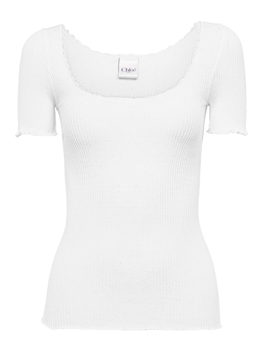 Chloé T-shirt Aderente In Cotone Con Scollo Profondo In White