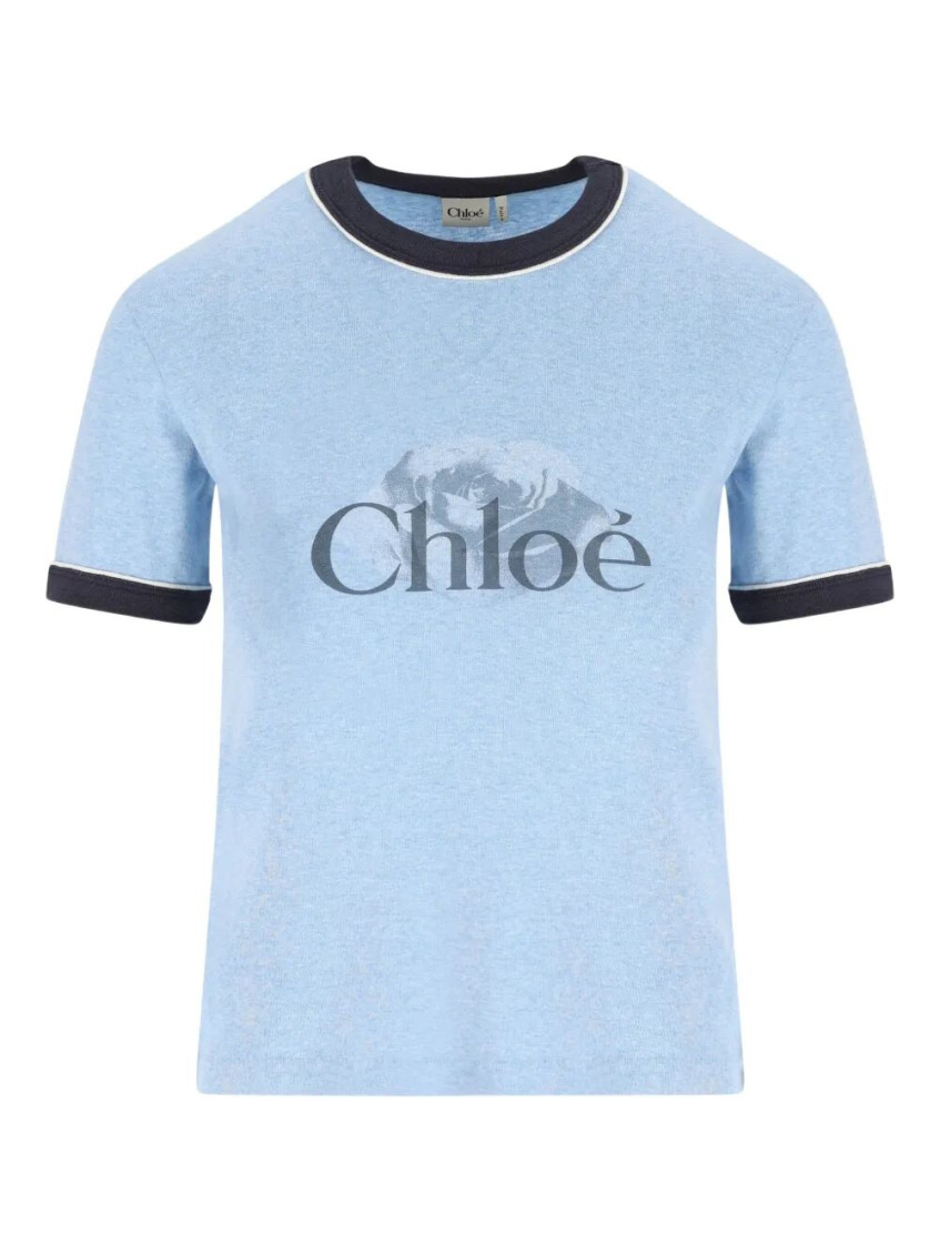 Chloé Short Sleeve Crew Neck T-shirt With Trim In Blue